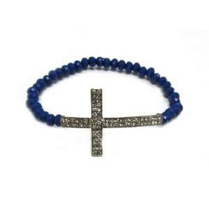 Dark Blue Sapphire Colored Stone Beaded Silver Cross Stretch Bracelet 