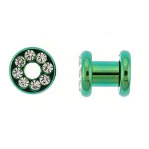   Screw On Green Plugs with Clear Crystals   00 Gauge   Sold as a Pair