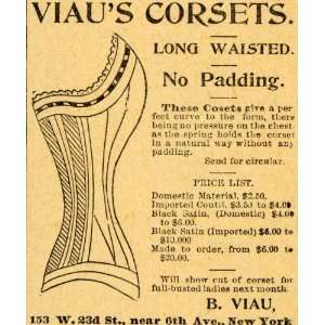  1894 Ad B. Viaus Long Waisted No Padding Corsets Price 