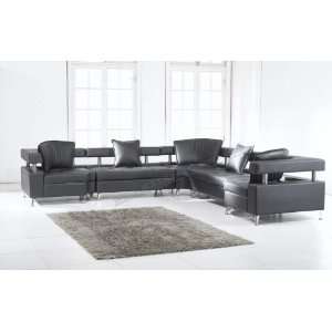   Black Leather 5pc Sectional Sofa with Pillows