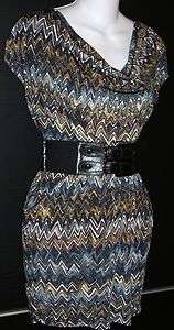 NWT BEBE M ZIGZAG PRINTED cowl neck DRESS with double buckle STRETCH 