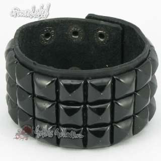 H343 Black 3 Rows Pyramid Stud Punk Leather Men/Women Wristband/Cuff 