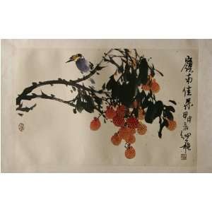  Chinese Brush Painting   Magpie with Lychee Heir and 