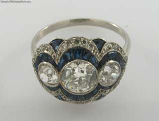 Antique Art Deco 18k WG 2 1/2+C Diamonds Sapphires Ring  