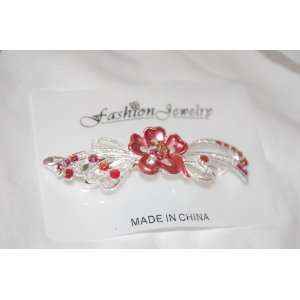  Red Silver Flower & Gems 2.5 Silver French Clip Barrette Beauty