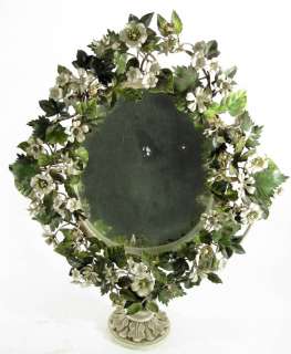 Antique Large Painted Tole Ovoid Table Mirror w/ Flowers & Leaves 