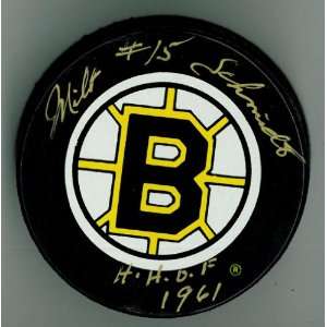  Milt Schmidt Autographed Bruins Game Puck w/ HOF #1 