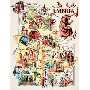  1950 Photolithograph Umbria Italy Map Monk Lazio Gualdo 