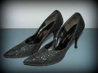 1940s 1950s Black Glitter Mid Town Formals Heel Shoes Size 8 Slim 