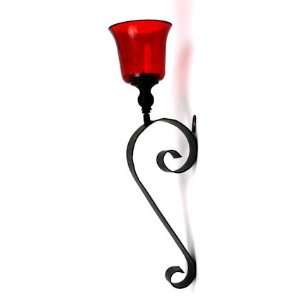  Wrought Iron Candle Wall Sconce with Red Crackle Glass Candle 