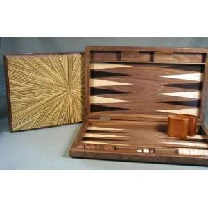  Walnut Inlaid Backgammon, 1.5 inch Checkers, Wood Dice 