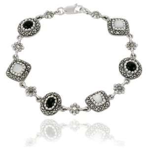   Sterling Silver Marcasite, Onyx and Mother of Pearl Bracelet Jewelry