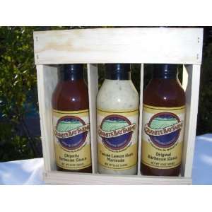   Original Barbecue Sauce, Tuscan Lemon Herb Marinade in a Wooden Crate