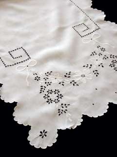   Vintage Maderia White Linen Embroiered Table Runner 70 x19  