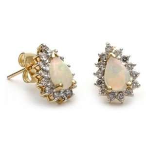  14k Yellow Gold Opal and Diamond Flower Earrings Jewelry
