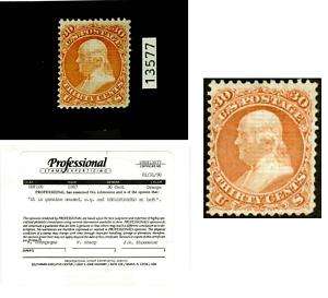 US 1867 30c Franklin Scott 100 Mint LH PSE $8500 F VF  