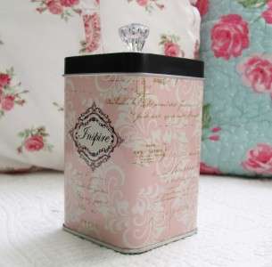 NEW Darling Pink Tin INSPIRE Jar White Damask Chic Shabby Cottage 