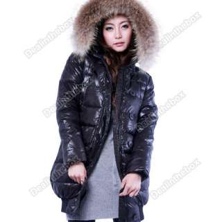 Women’s Hooded Fur Winter Long Down Parka Glossy Coat Quilted Jacket 