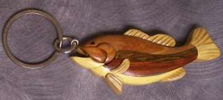Intarsia Solid Wood Key Ring Animal Fish Bass NEW  