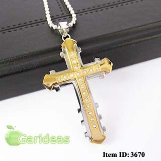   Steel Gold Diamond Multi Cross Chain Pendant Necklace ID3670  