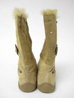 LELLI KELLY Tan Suede Mid Calf Flower Detail Whip Stitch Flat Boots 