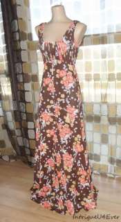 Vintage 70s Brown Floral Empire Maxi Sun Dress Smocked Stretch Bodice 
