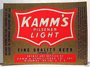 Kamms Light Beer Bottle Label Mishawaka Indiana  