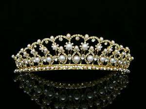Gold Bridal Wedding Veil Crystal Pearl Crown Tiara 9394  