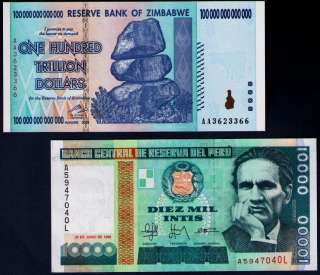   of 2 hyper inflation bank notes from different countries generations