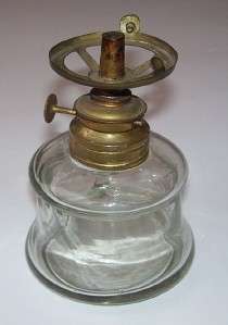 Antique 19th C. CLEAR GLASS WHALE OIL LAMP Applied Handle Brass Burner 