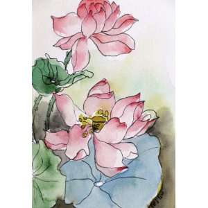 Original Lotus Flower Watercolor Painting Small Pink Flower Artwork 