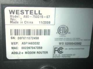 Westell A90 750015 07 ADSL DSL Modem + Wireless G Router  