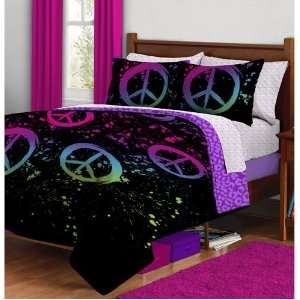 7pc Girl Black Pink Green Purple Peace Sign Twin Comforter Set and 