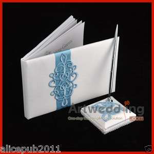 Scroll Sky Blue Embroidery Elegant Wedding Guest Book and Pen Set New 