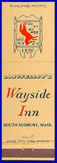 1950s Longfellows Wayside Inn Matchcover  S Sudbury MA  