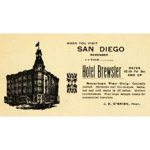  1898 Ad J. E. OBrien Hotel Brewster San Diego Lodging 