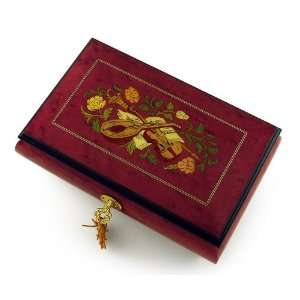  Red Wine Instrument and Floral Wood Inlay 30 Note Musical Jewelry Box