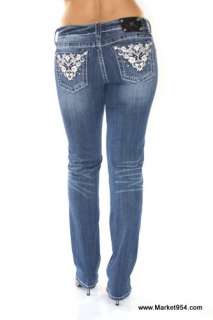Women Miss Me Jeans White Leather Paisleys w crystals STRAIGHT LEG 