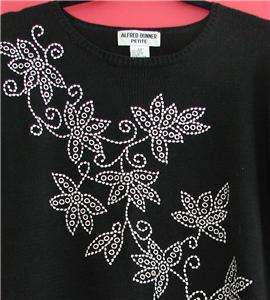 Alfred Dunner Petite Black Floral Embroidered Sweater Top Womens PS 