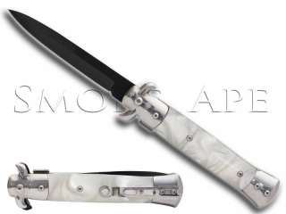 Stiletto Knife w/ White Pearlex Inlays Spring Assisted Black Blade and 
