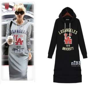 New korea Womens Ladies Casual hoodie hooded Long Dress BLACK size US 