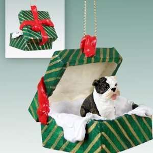 Bulldog Green Gift Box Dog Ornament   Brindle 