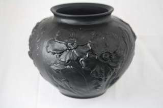US Tiffin Black Amethyst Satin Art Glass Poppies Vintage Vase  