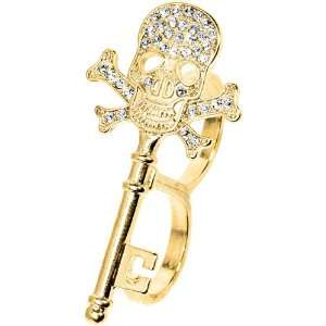   Tone Crystalline Skull and Cross Bones Double Finger Ring Jewelry