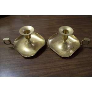  pAIR OF BRASS CANDLE HOLDERS 6 1/2 WIDE X 3 1/2 WIDE 