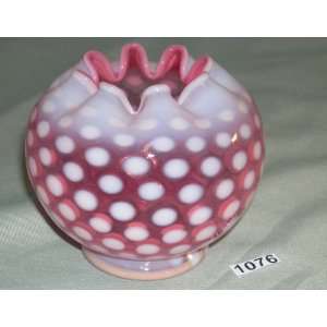    Cranberry glass vase w. white dots, unmarked 