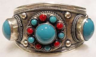 Rare Tibet Silver turquoise Coral Beads Cuff bracelet  
