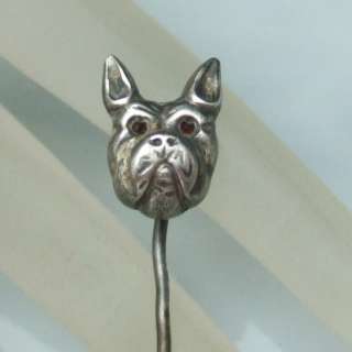   Silver Bulldog Dog Stick Pin Stickpin Garnet Eyes Vintage  