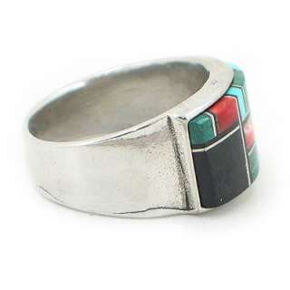 Mens Antiqued Sterling Silver Multicolor Inlay Ring s10  