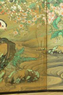WAJIN b87 Japanese antique BYOBU folding screen FLOWER & BIRDS 19C 